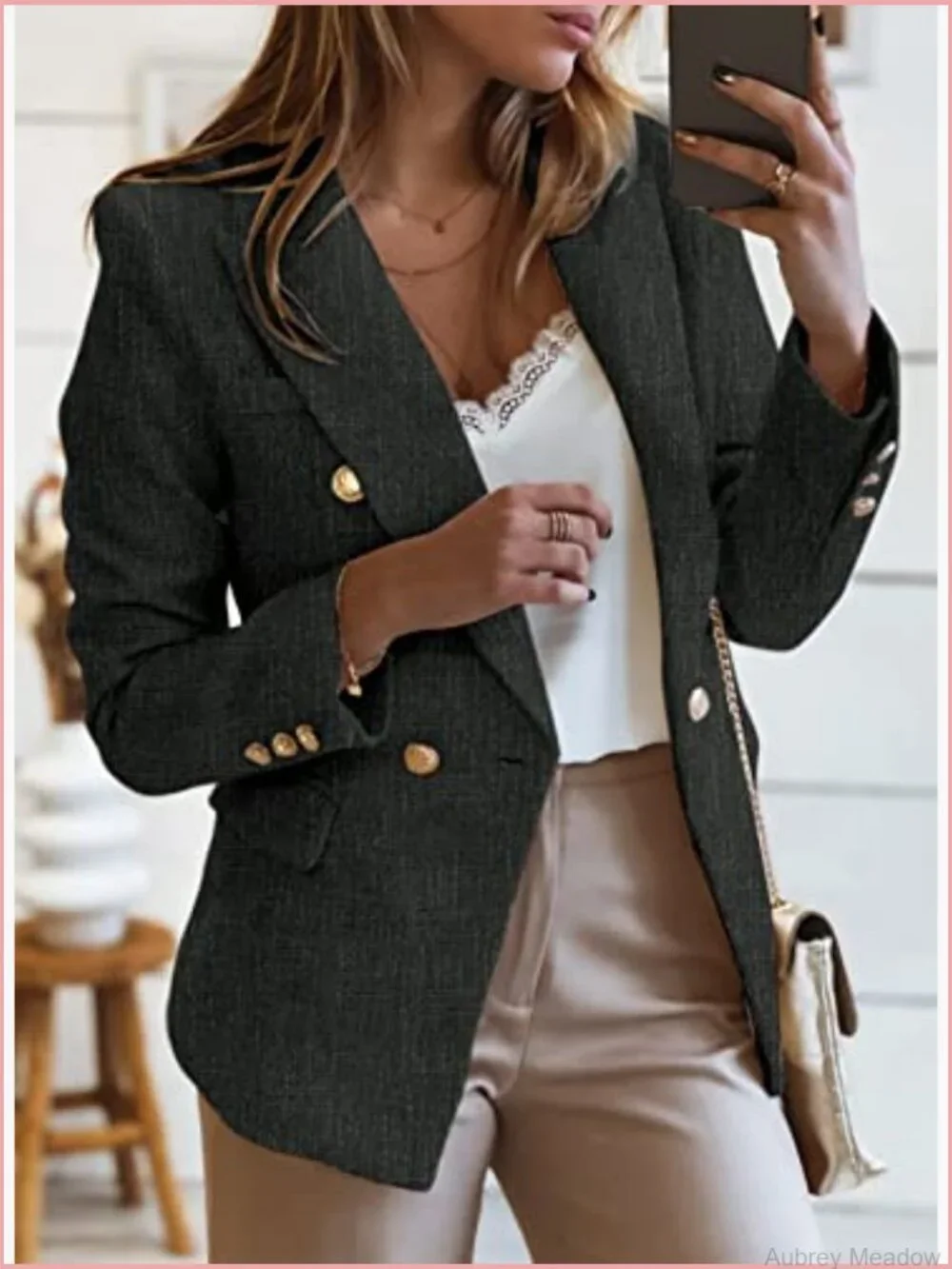 Womens Tweed Blazer Double Breasted Open Front Long Sleeve Work Suit Jacket